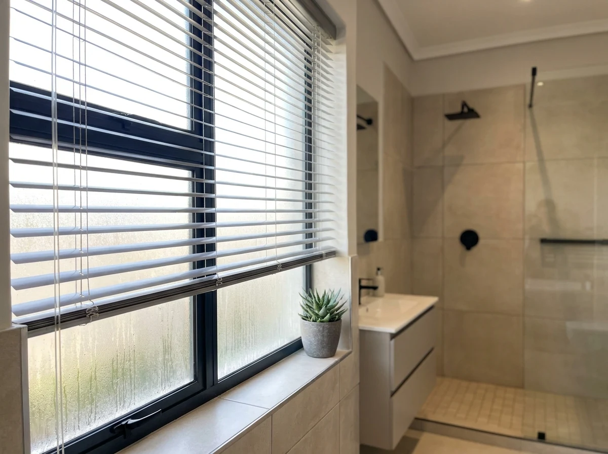 Aluminium venetian blind slats in a bathroom window