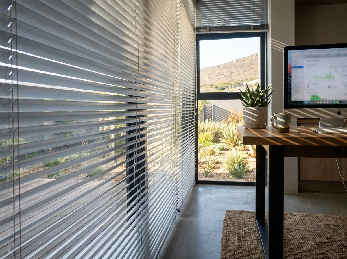 Aluminium venetian blind tilted for glare control in a home office