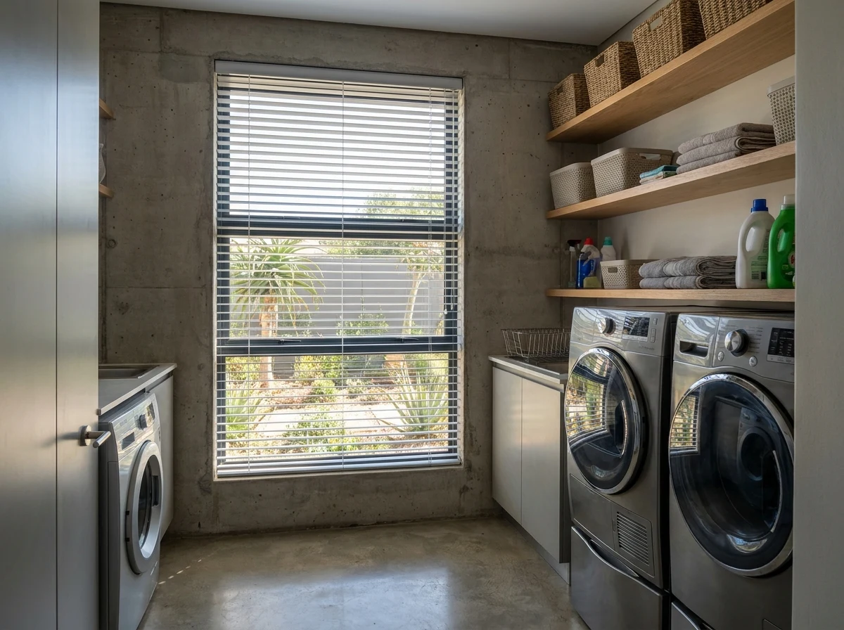 Aluminium venetian blind fitted to a scullery window
