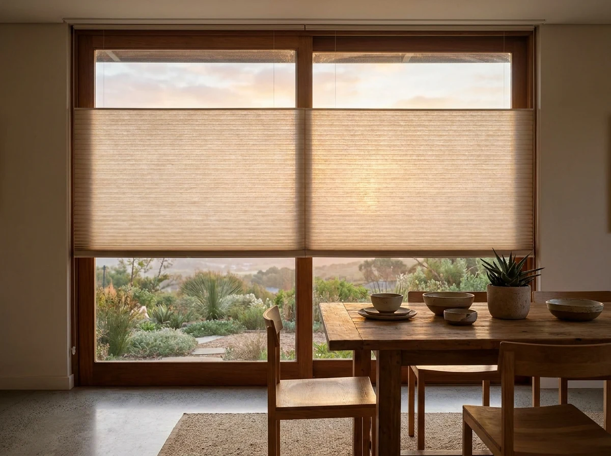 A cellular honeycomb blind drawn across a dining room window at dusk