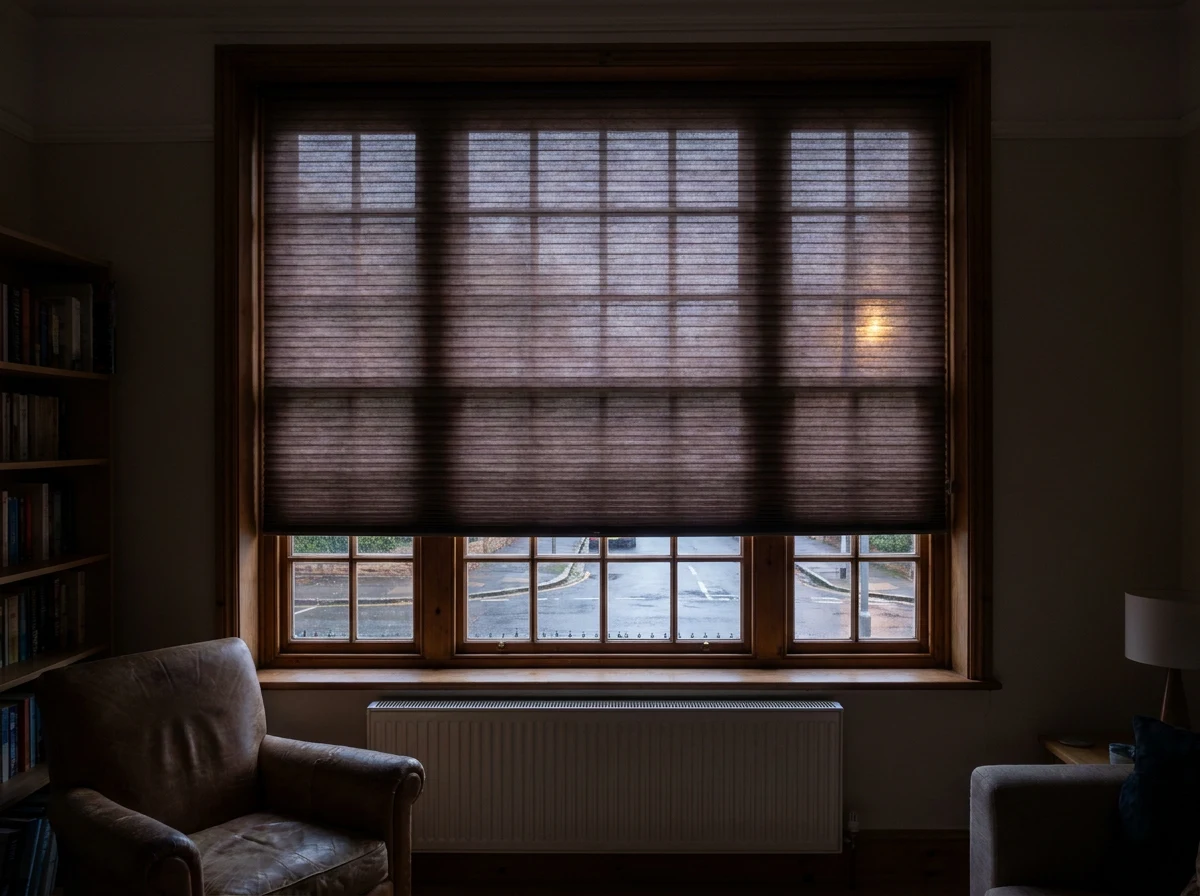 A cellular honeycomb blind closed across a Hazelwood townhouse street window