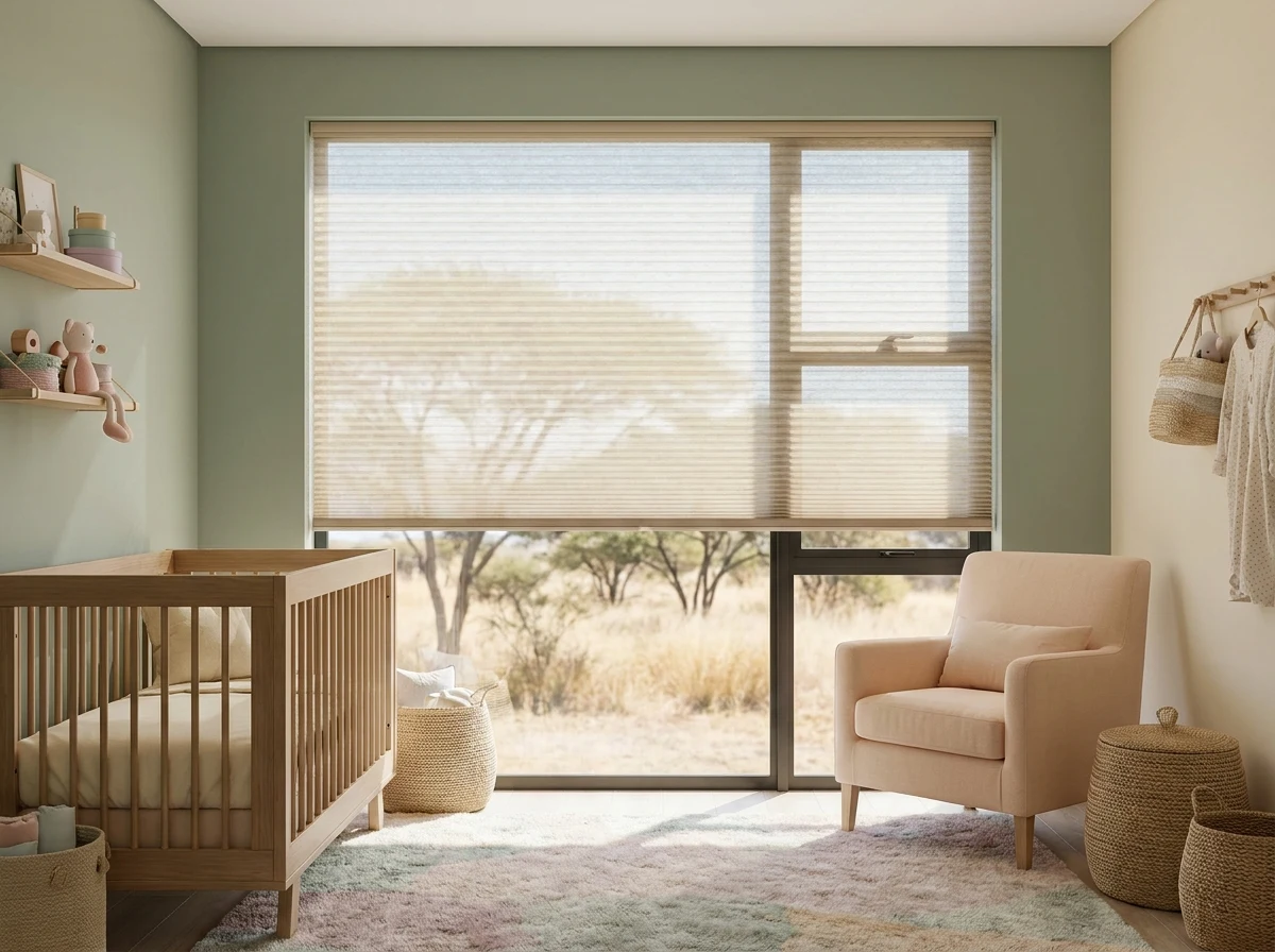 A cellular honeycomb blind fitted in a nursery window