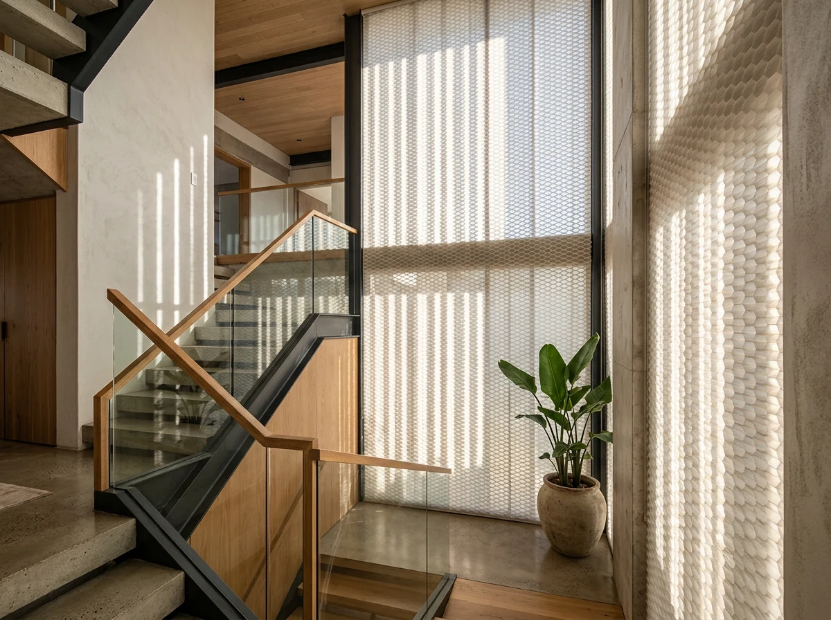 A cellular honeycomb blind fitted to a double-volume stairwell window