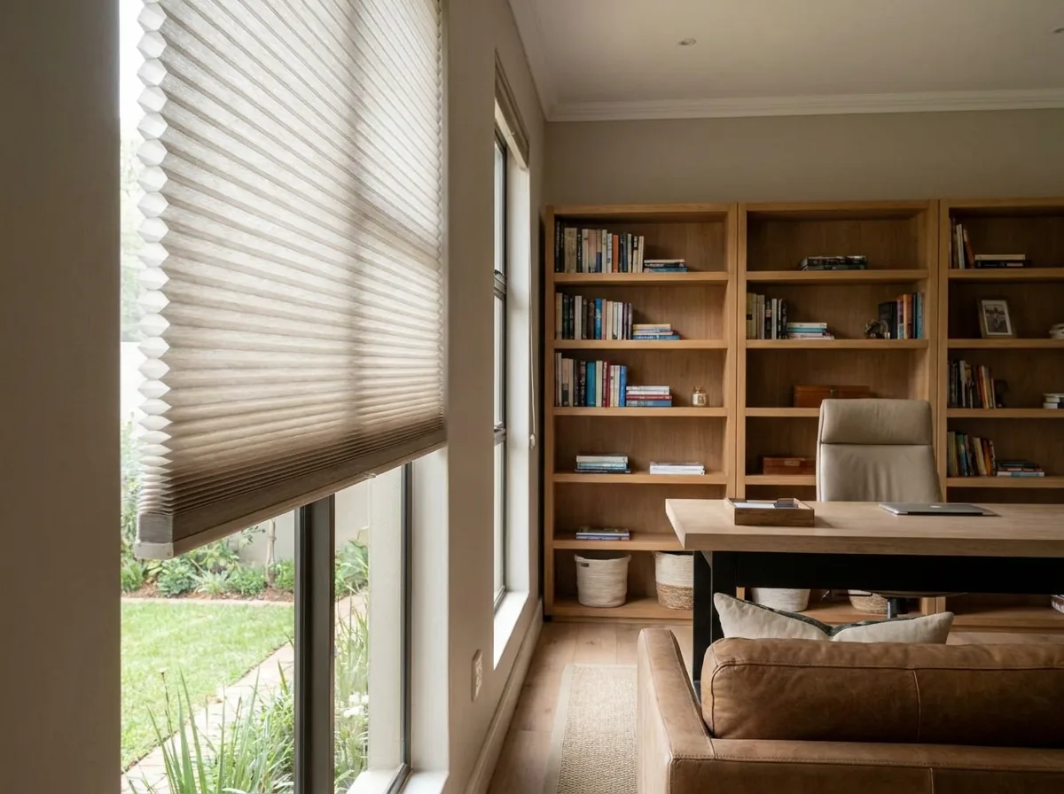 Cellular honeycomb blind partially raised on a tall window in a Waterkloof study, showing its double-cell structure
