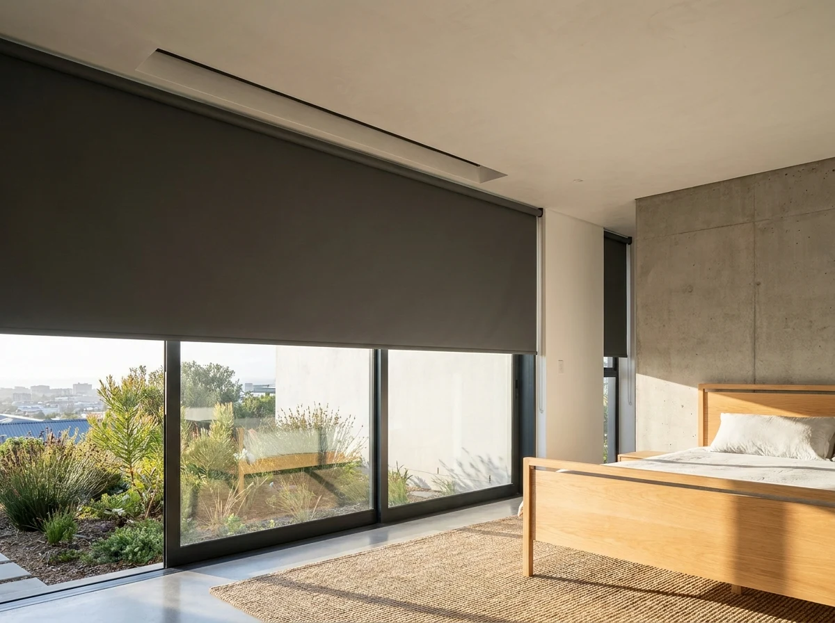 A blind dropping from a concealed ceiling slot in a main bedroom