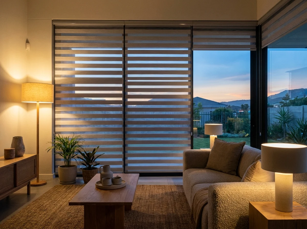 A day-night blind closed across a lounge window in the evening