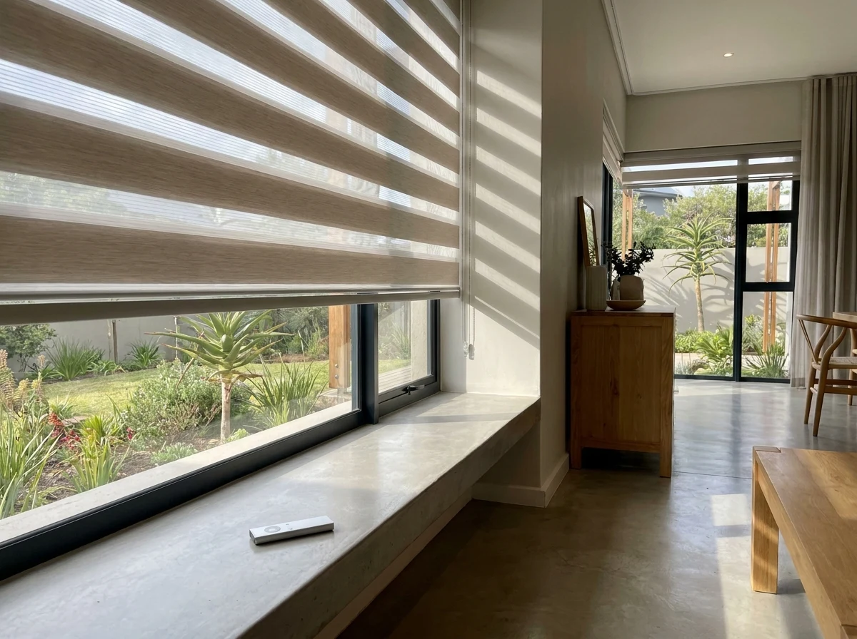 A motorised day-night blind with its remote on the windowsill