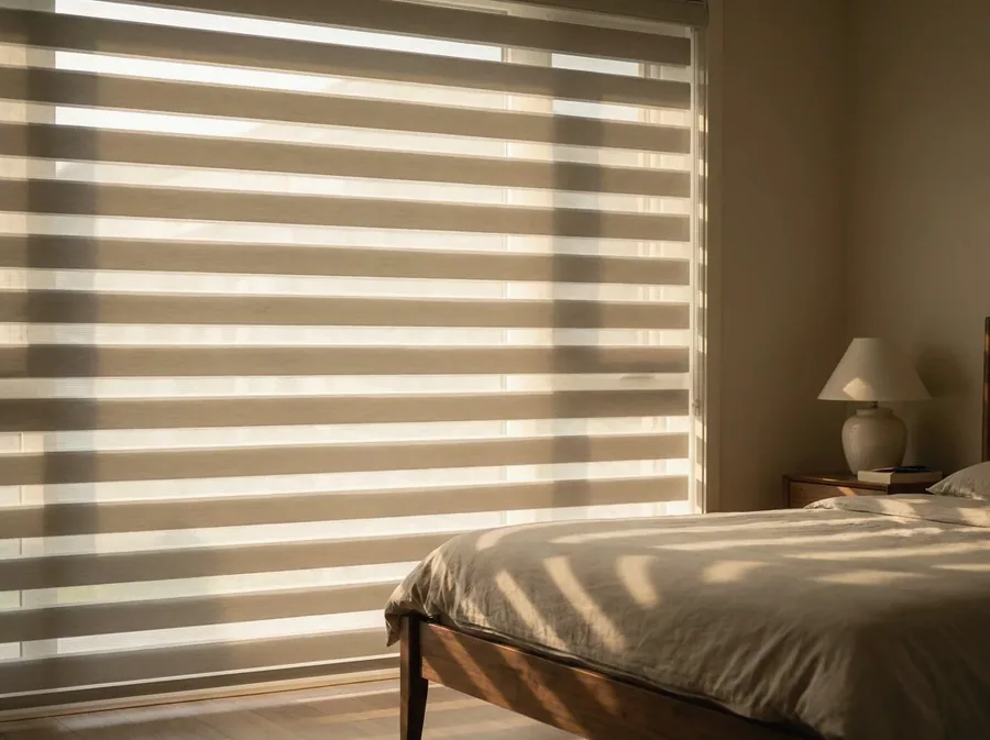 A day-night blind with alternating sheer and solid bands in a Waterkloof bedroom