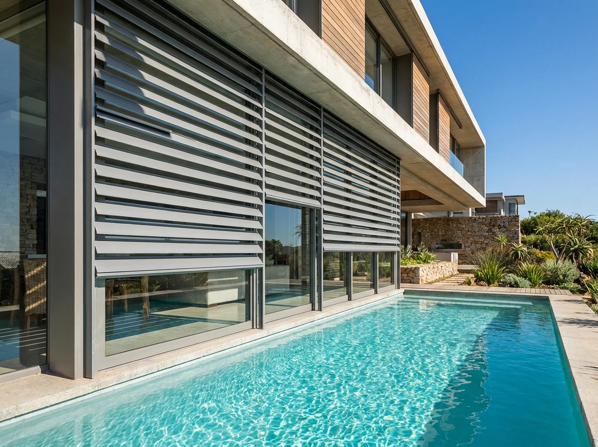 External venetian blind slats mounted outside a poolside facade