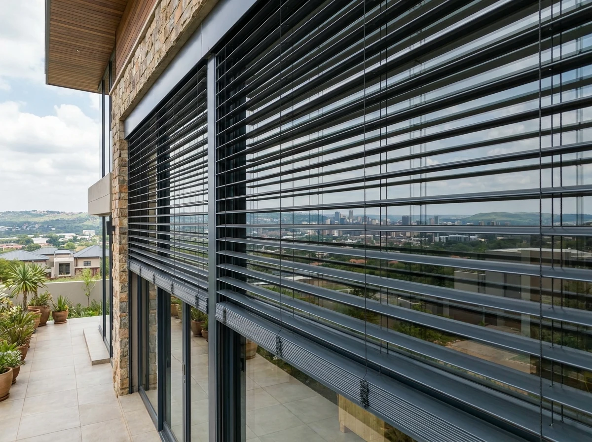 External venetian blind slats mounted outside the glass with the Waterkloof Ridge view beyond