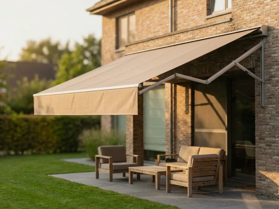 Folding-arm awning extended over a stone terrace at a Waterkloof home