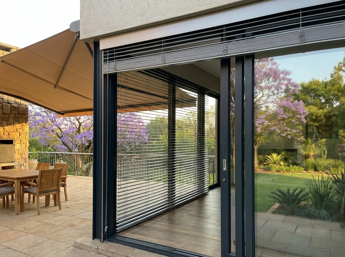 A Waterkloof homestead's rear entertainment terrace, external aluminium venetian blind slats mounted outside a wide sliding glass door, a fabric folding-arm awning extended over part of the terrace, jacaranda trees and a manicured garden visible outside