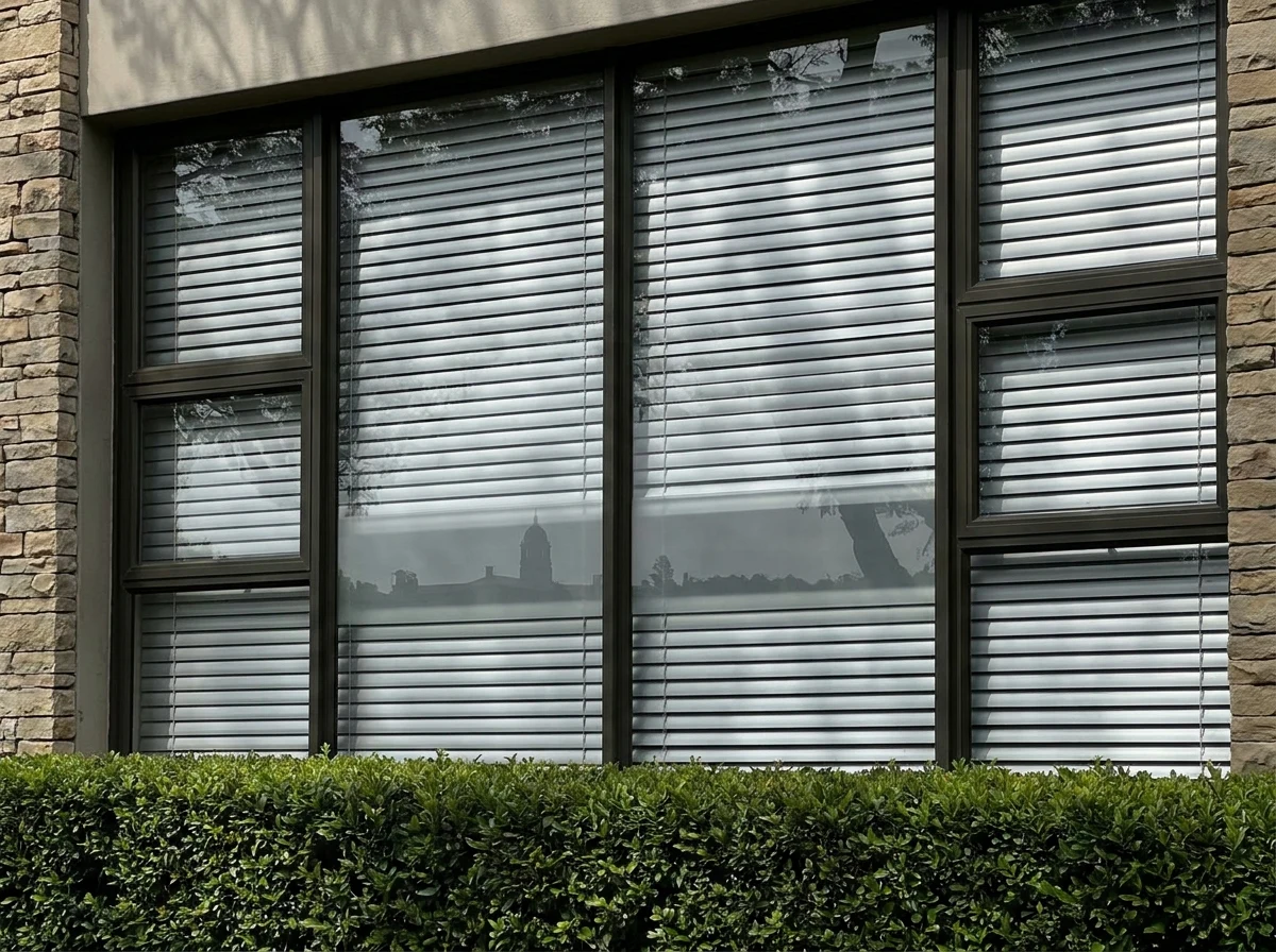 Close-up exterior detail of a Waterkloof embassy-belt residence behind a manicured hedge, tall casement windows fitted with slim aluminium external venetian blinds mounted outside the glass and tilted to intercept the sun, the Union Buildings visible on the hazy skyline beyond