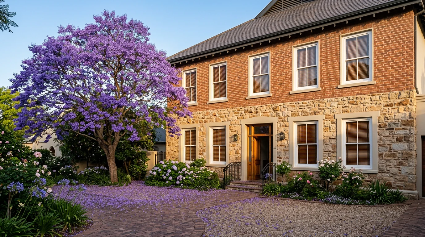 The exterior facade of a Waterkloof home in October, a mature jacaranda tree in full bloom in the front garden, tall windows fitted with timber venetian blinds tilted half-open