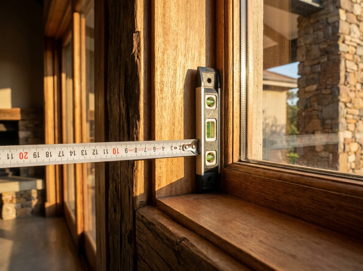 Close-up of a tape measure and spirit level held against a window reveal frame