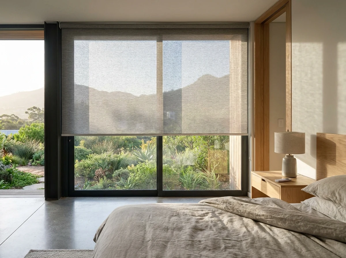 A motorised roller blind fitted in a main bedroom