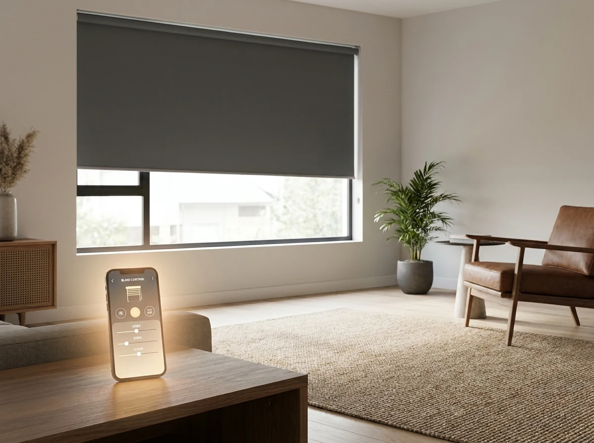 A motorised roller blind controlled from a phone app in a living room