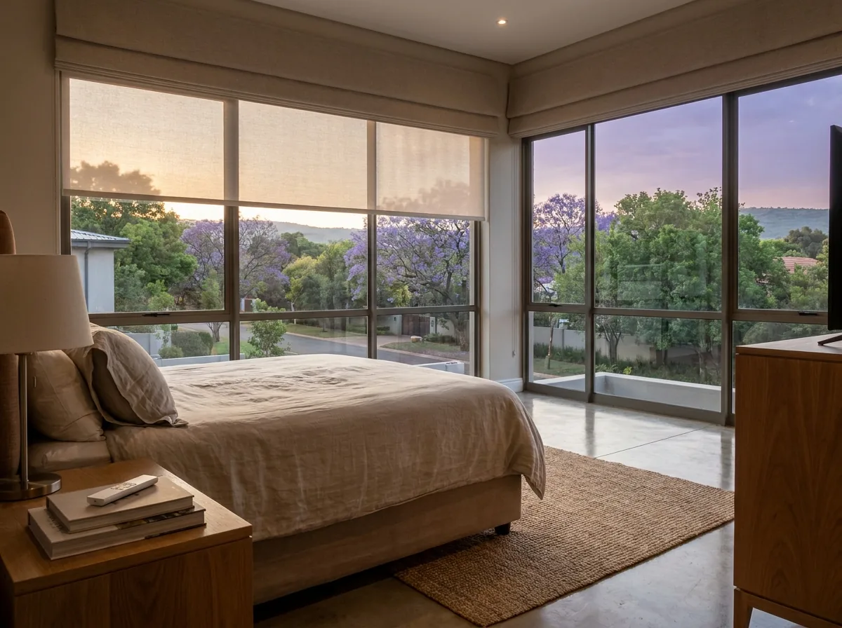 A motorised roller blind partially lowered in a Waterkloof main bedroom, its remote resting on the bedside table