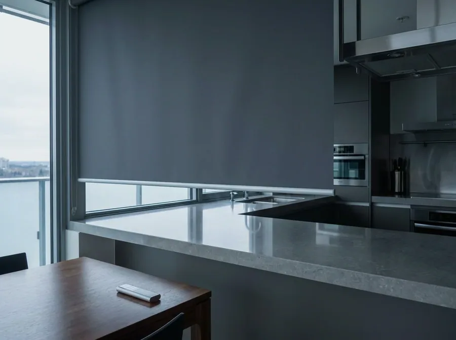A motorised roller blind with its remote on the table in a Waterkloof kitchen
