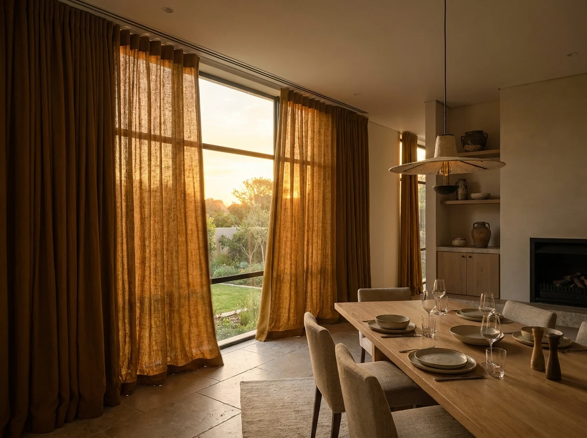 Heavy lined curtains gliding on a motorised track in a formal dining room