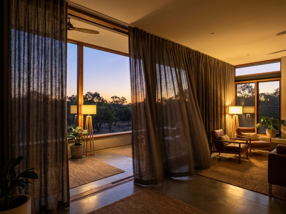 Heavy lined curtains gliding on a motorised track in a living room at dusk