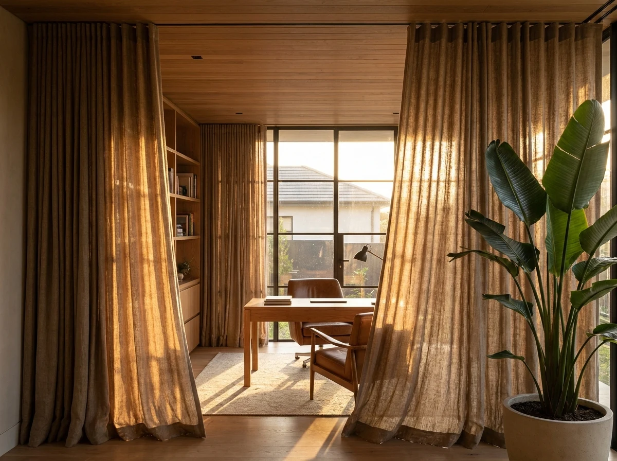 Heavy curtains gliding on a motorised track in a home study