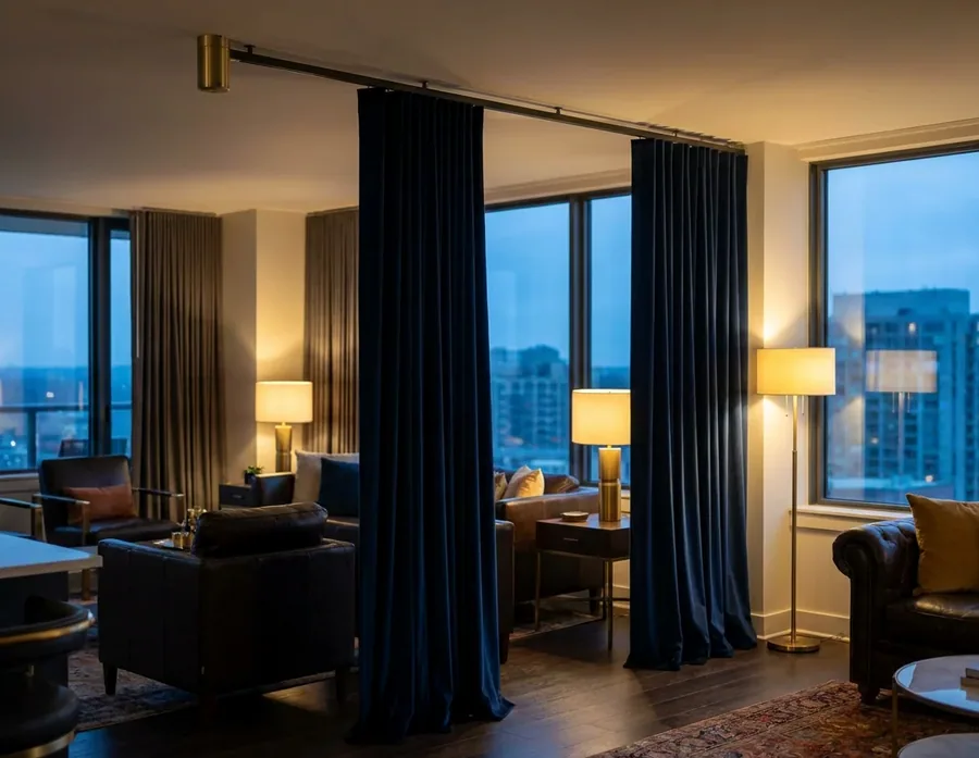 Heavy lined curtains gliding on a motorised ceiling track in a Waterkloof lounge