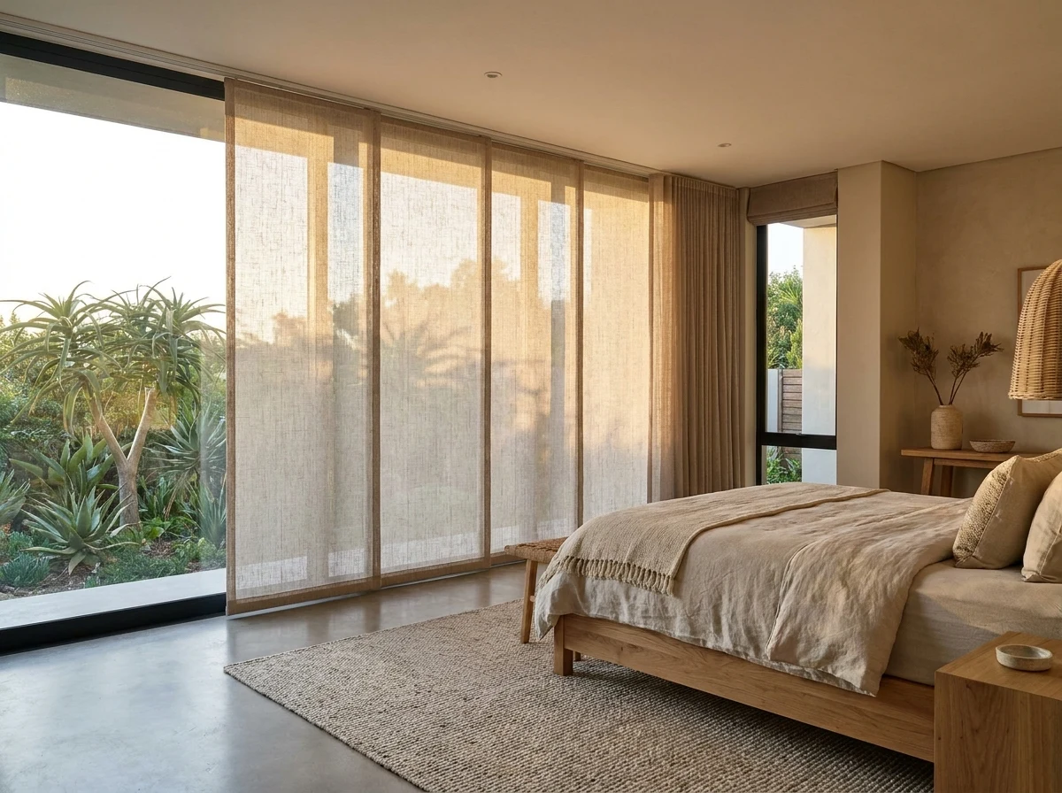 Panel blinds fitted across a wide main bedroom window