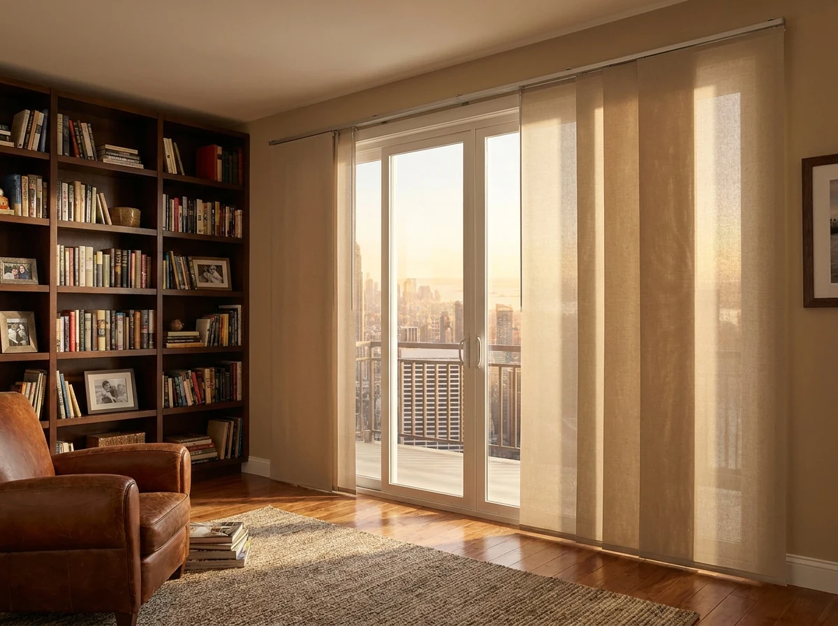 Panel blinds drawn across a den window