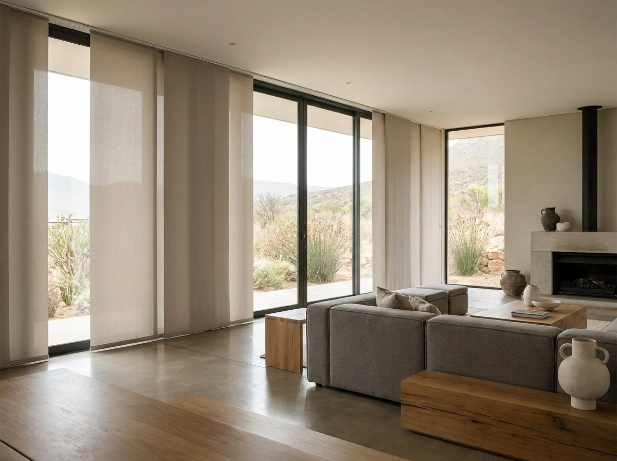 Flat fabric panel blinds across an open-plan glass wall