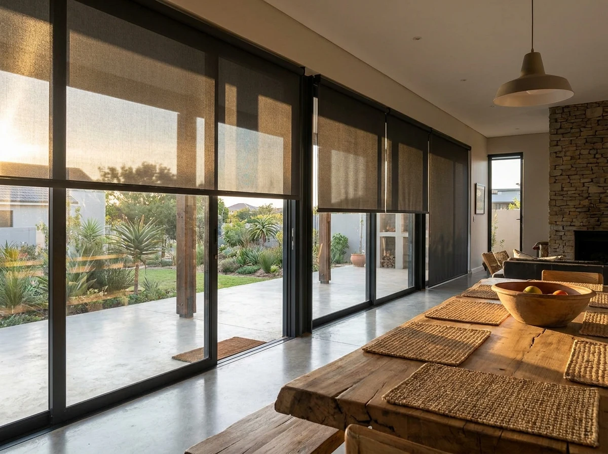 A sunscreen roller blind fitted across glazed dining room doors