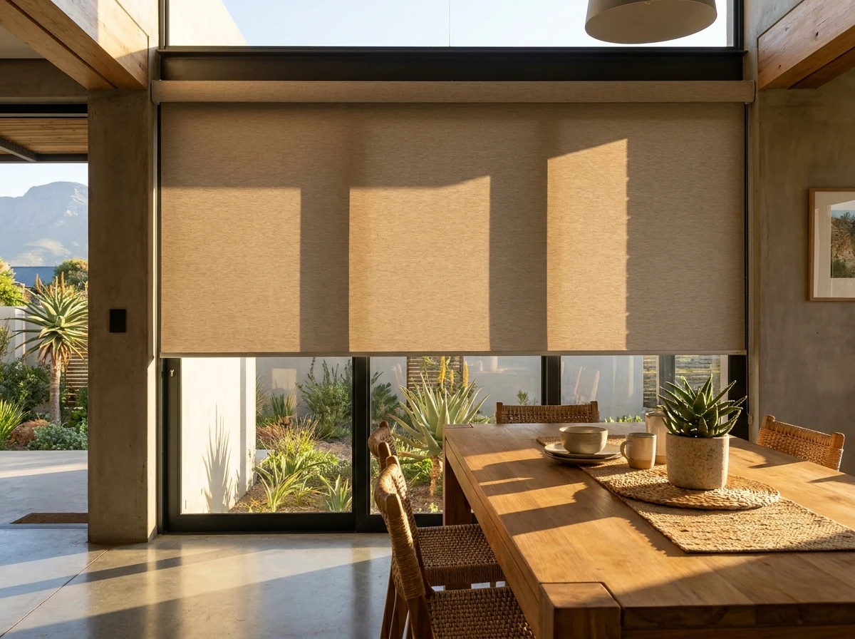 A blockout roller blind lowered halfway in a sunlit Groenkloof breakfast nook