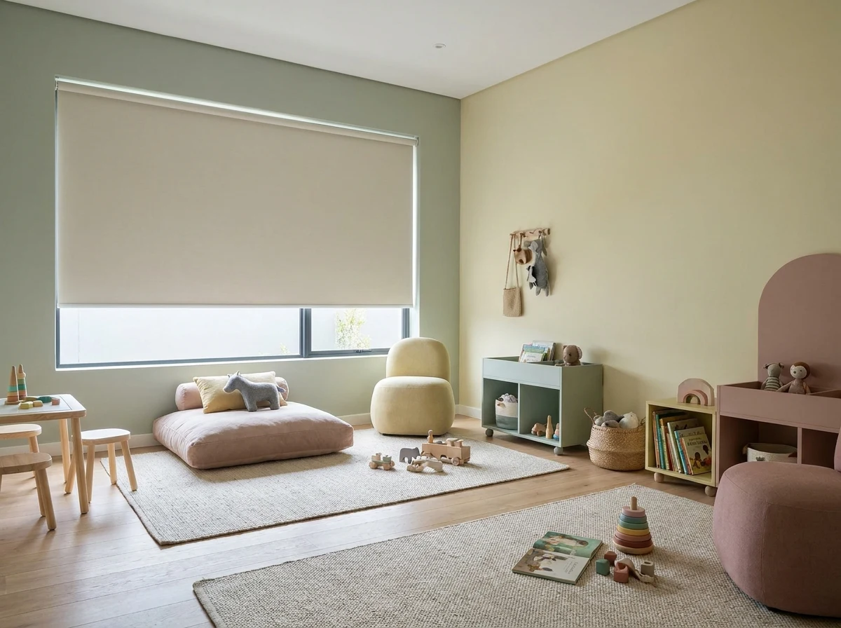 A cordless roller blind fitted to a low playroom window
