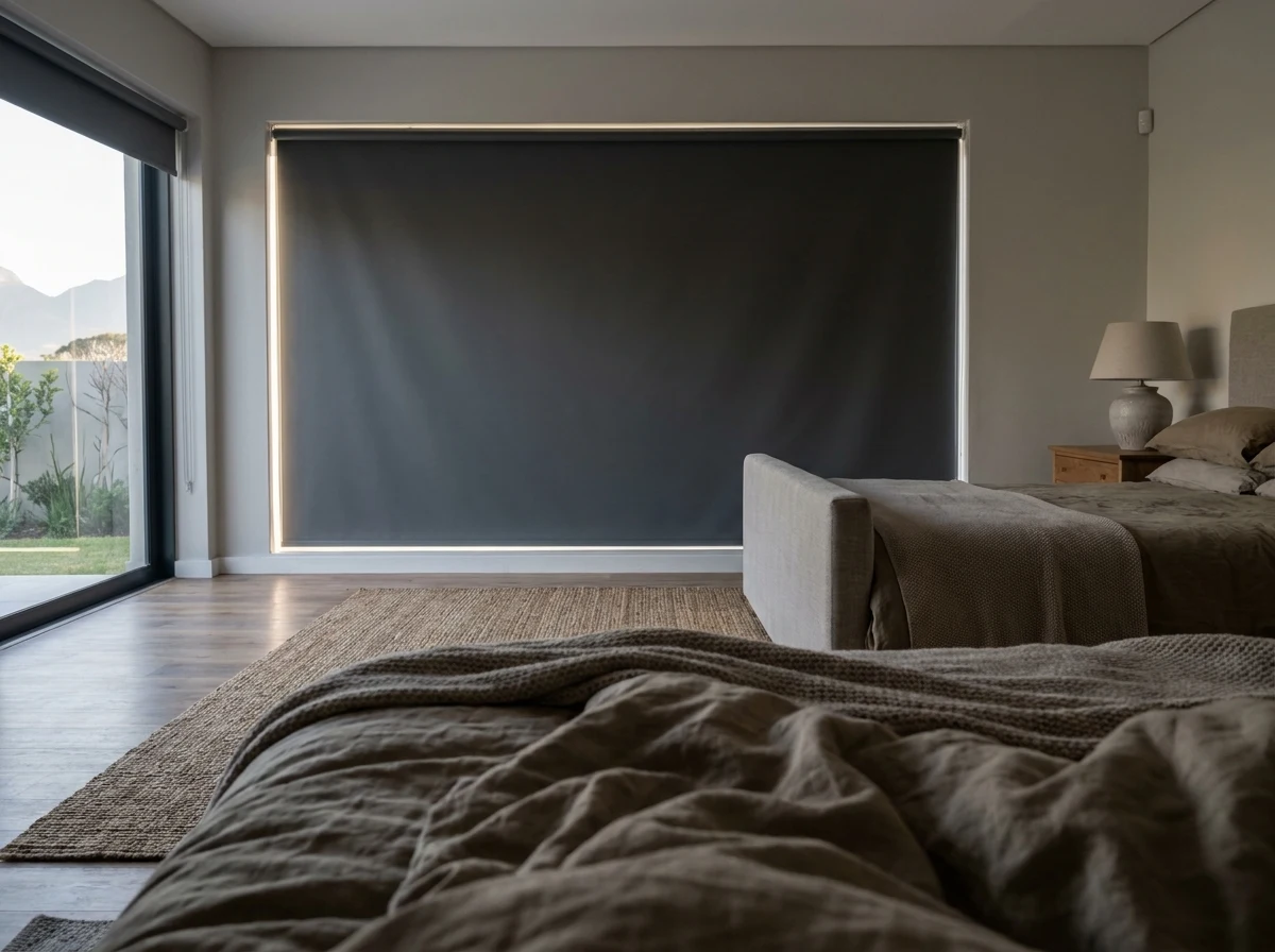 A blockout roller blind fitted in a Waterkloof Ridge main bedroom