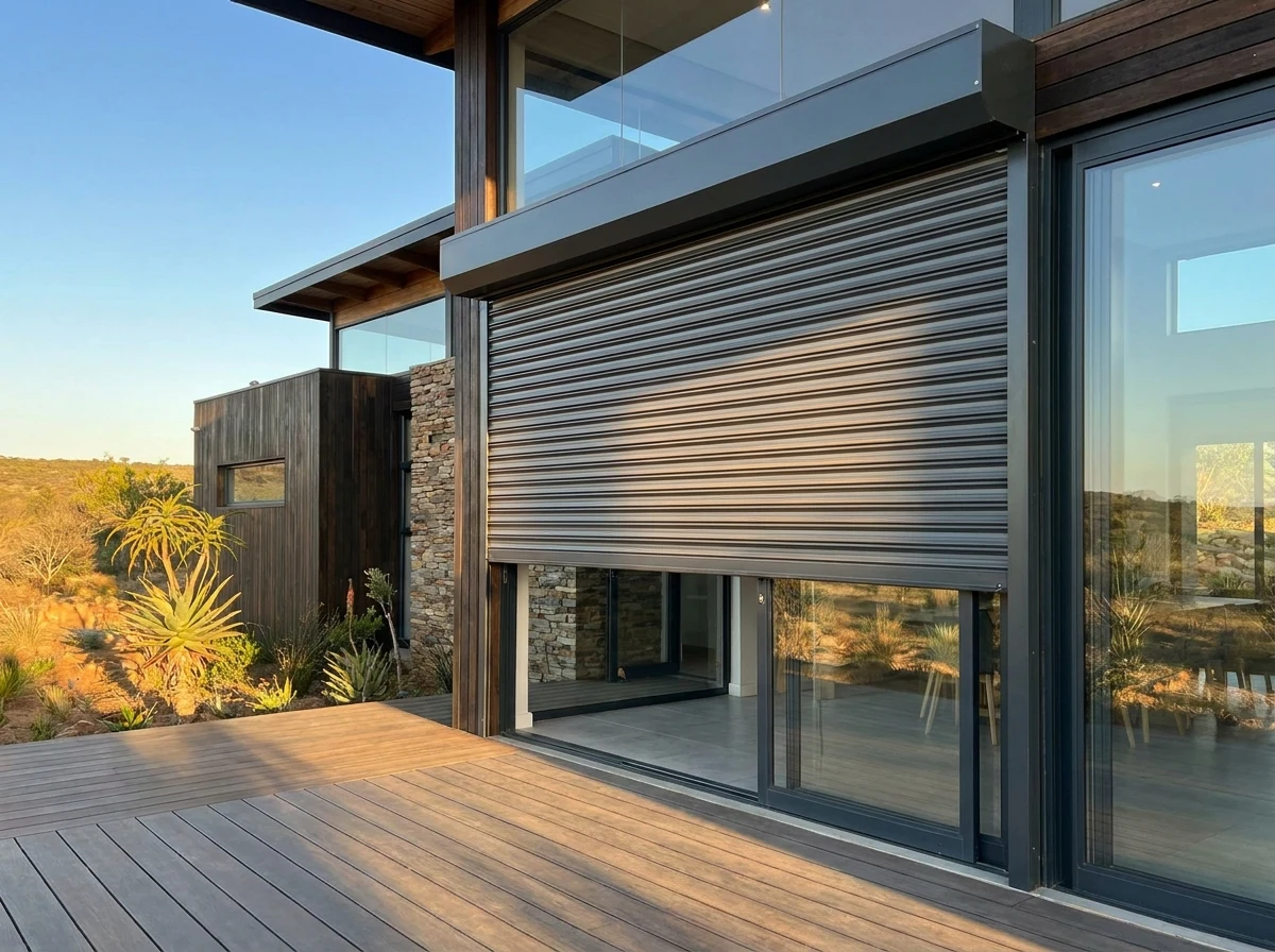 An external roller shutter closed across a patio door