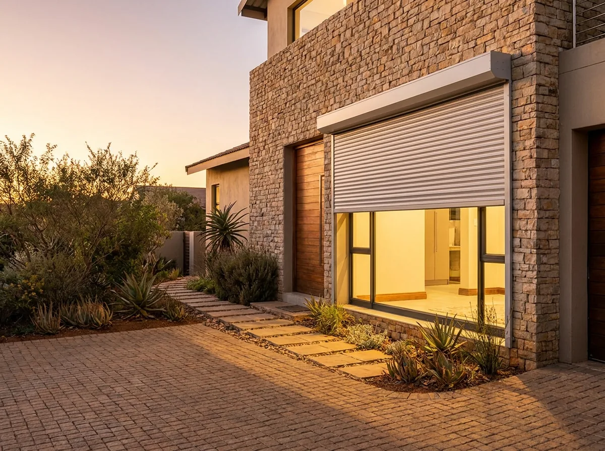 External aluminium roller shutter partially lowered over a side window at a Waterkloof home, warm evening light