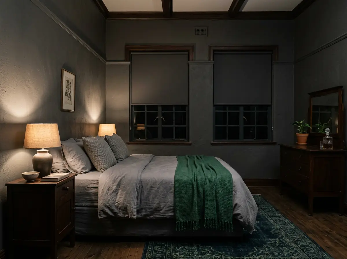 A Waterkloof bedroom with blockout roller blinds down over deep-set timber windows