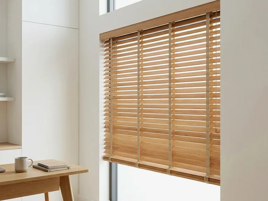 50mm timber venetian blind with tapes, tilted open in a Waterkloof room