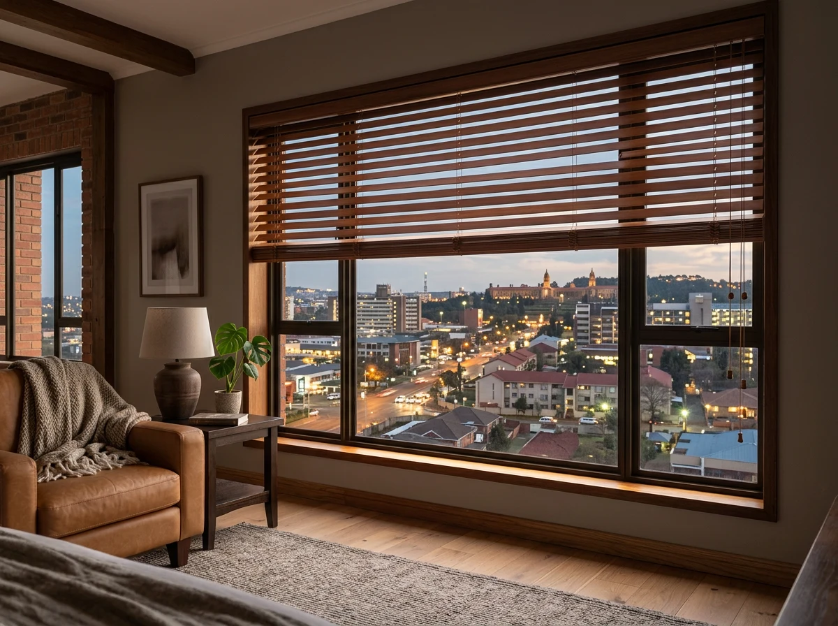 50mm timber venetian blind tilted open in a Brooklyn apartment lounge