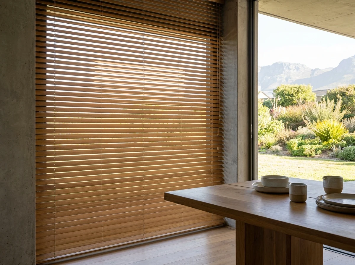50mm timber venetian blind tilted open in a dining room