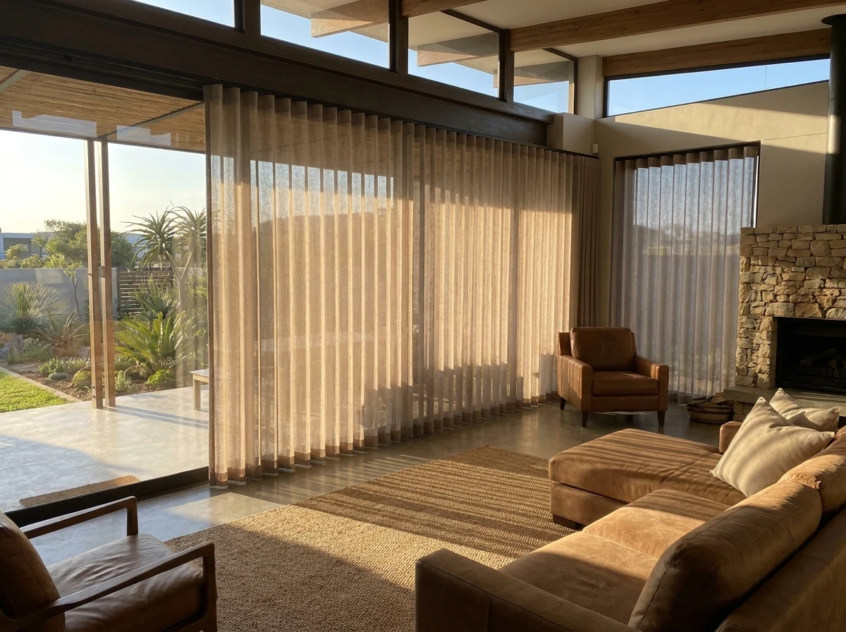Vertical blind vanes drawn across a family room glass wall