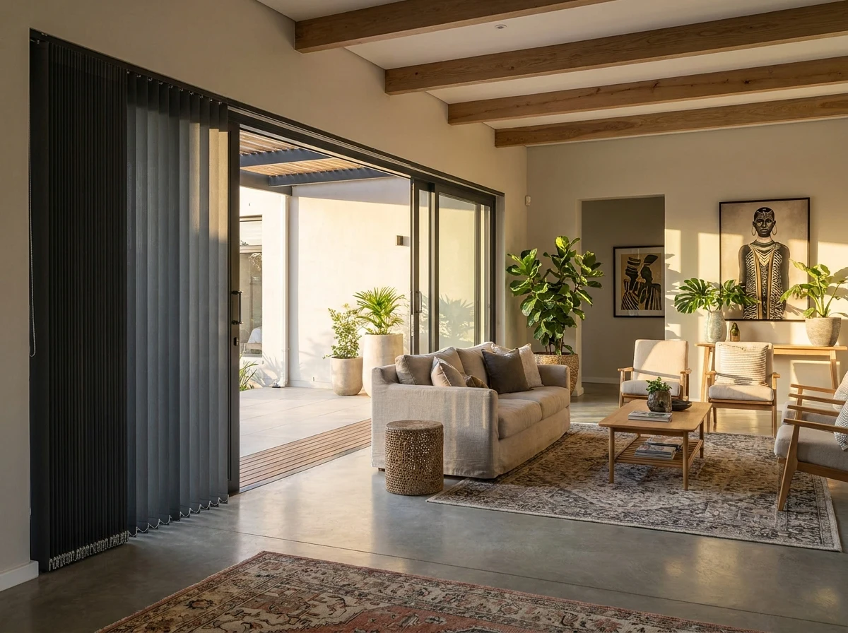 Vertical blind vanes stacked beside a living room sliding door