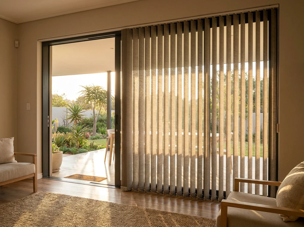 Vertical blind vanes across a wide glass door in a Menlo Park home