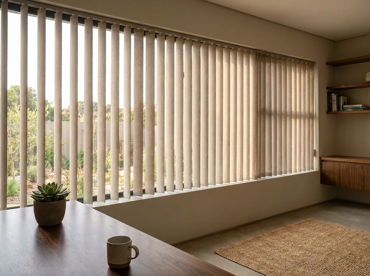 Vertical blind vanes fitted across a home office window