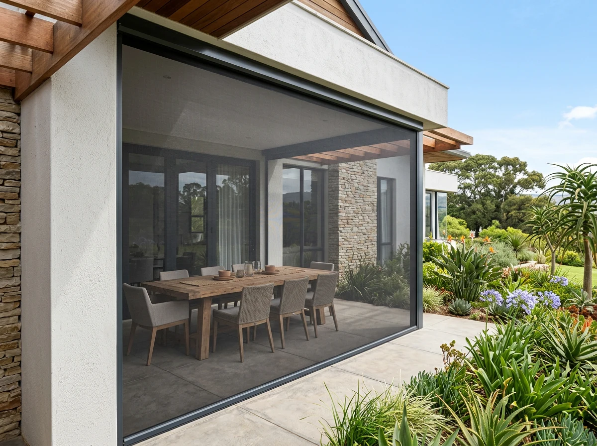 A zip screen fitted across an alfresco dining opening