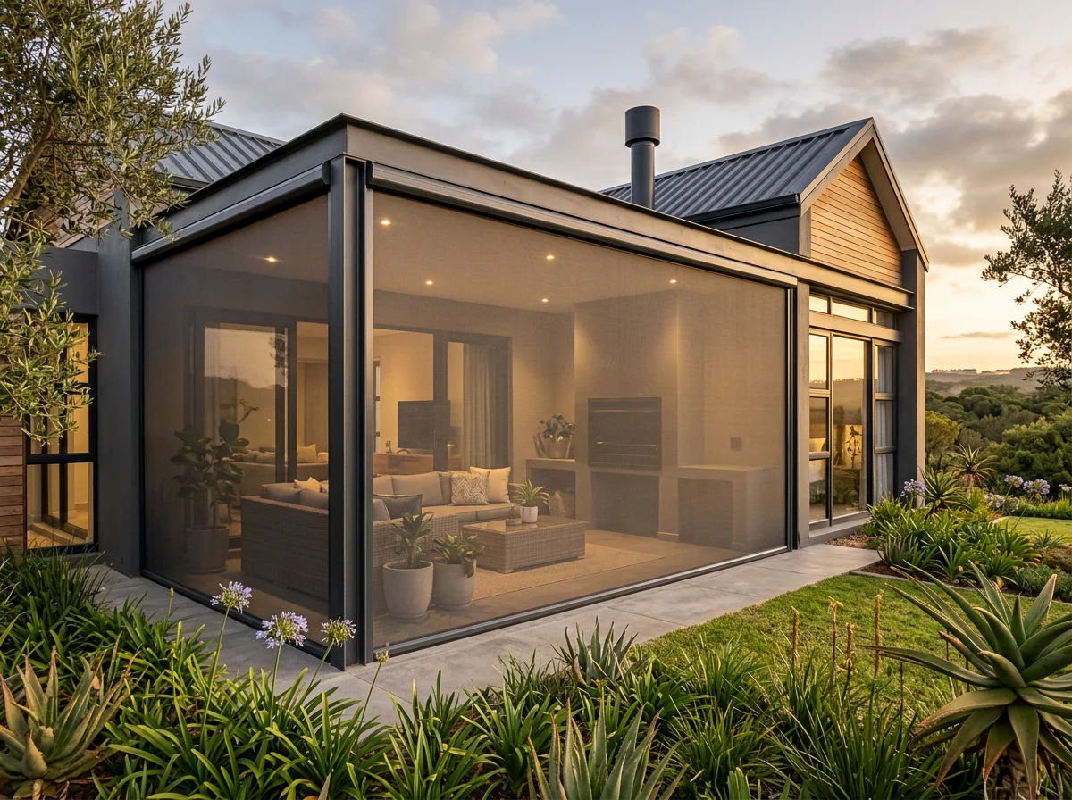 A zip screen enclosing an outdoor entertainment area