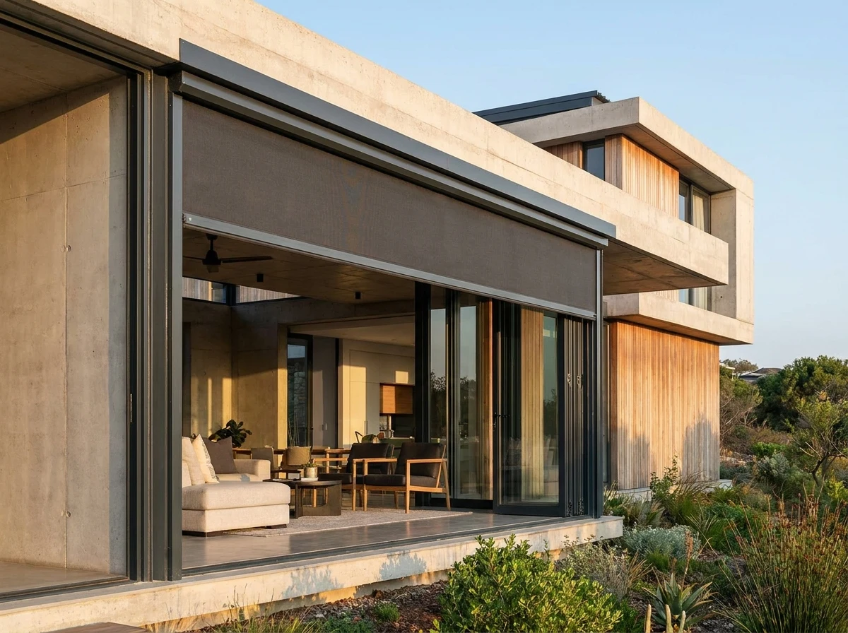 A zip screen across an indoor-outdoor lounge opening
